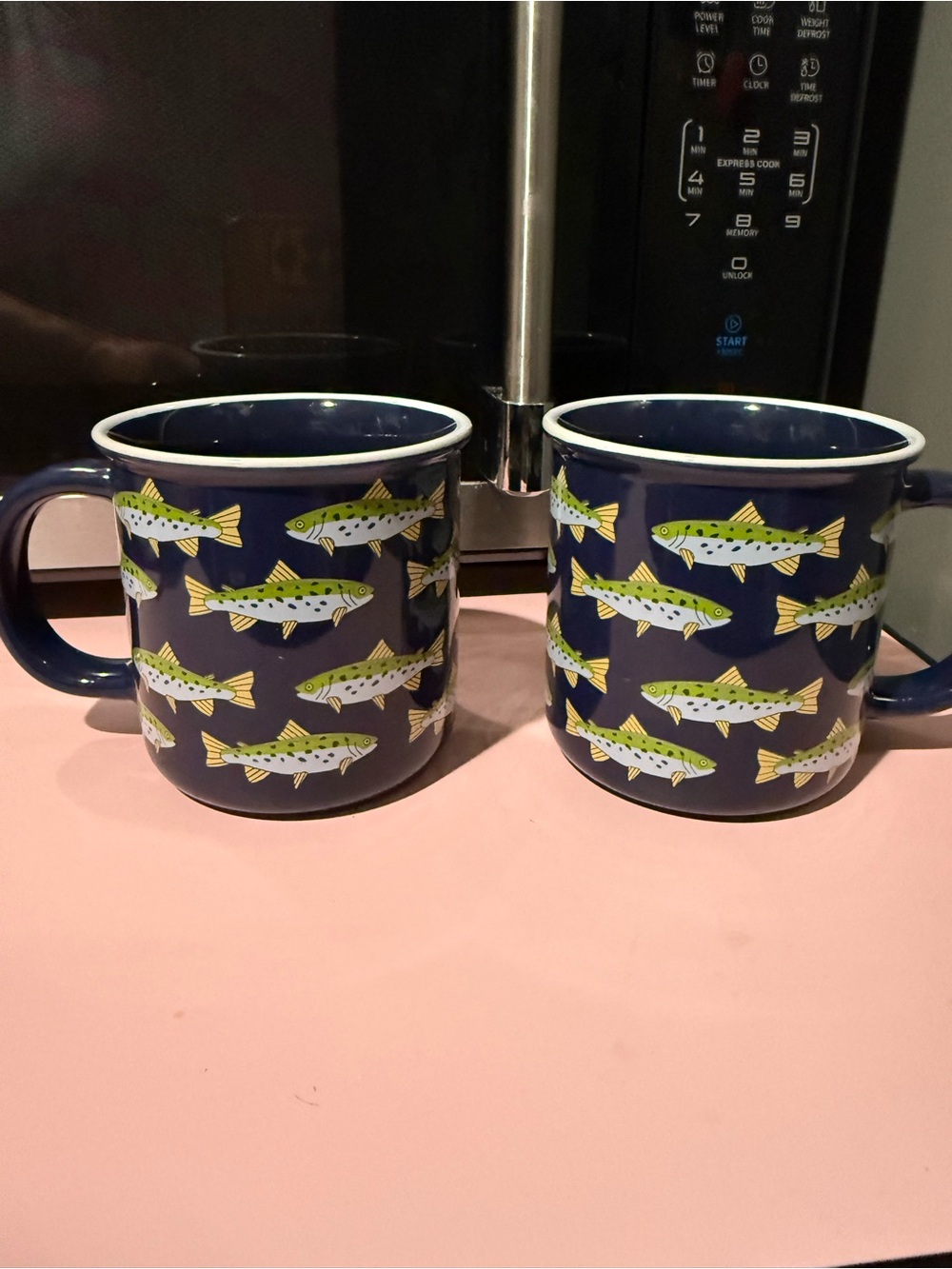 Navy Fish Pattern Ceramic Mug -16 oz - Set of 2